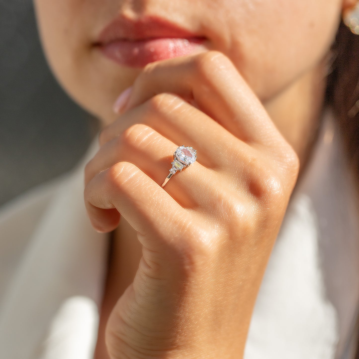 Women Unique Art Deco Style 925 Sterling Silver Oval & Baguette CutCubic Zirconia Engagement Ring