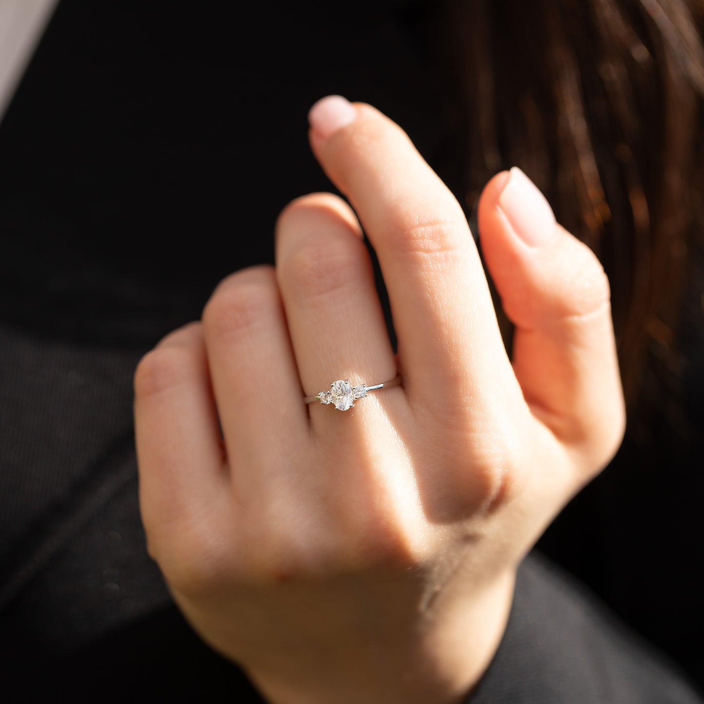 Dainty Minimalist 925 Sterling Silver 3 Stone Setting Oval Cut CZ Promise Ring for Her
