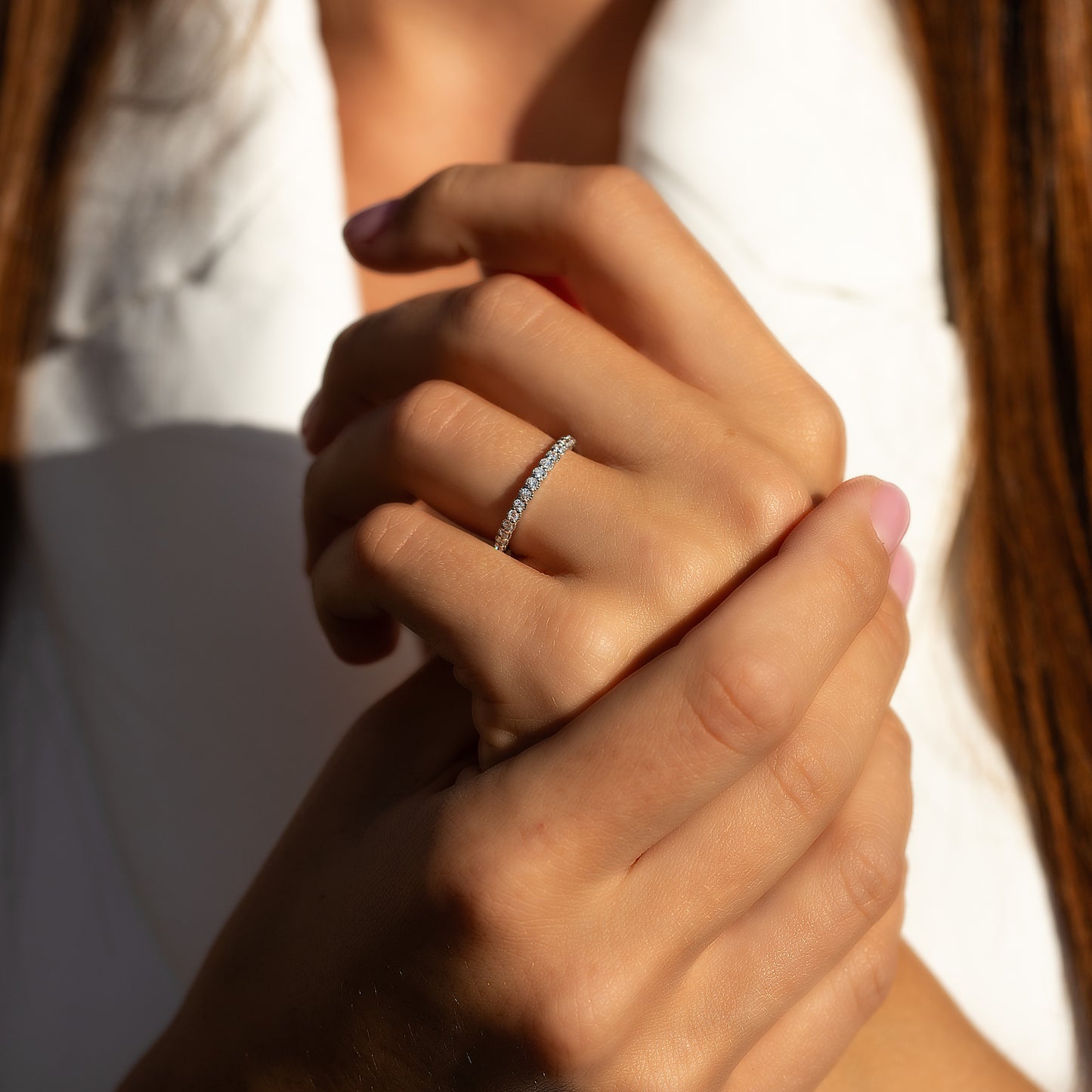 Women Minimalist Elegant 925 Sterling Silver Half Eternity CZ Wedding Band