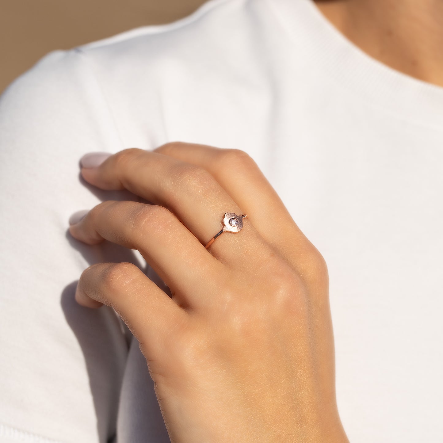 Women Dainty 18K Rose Gold Vermeil Silver Protection Hamsa Hand Ring