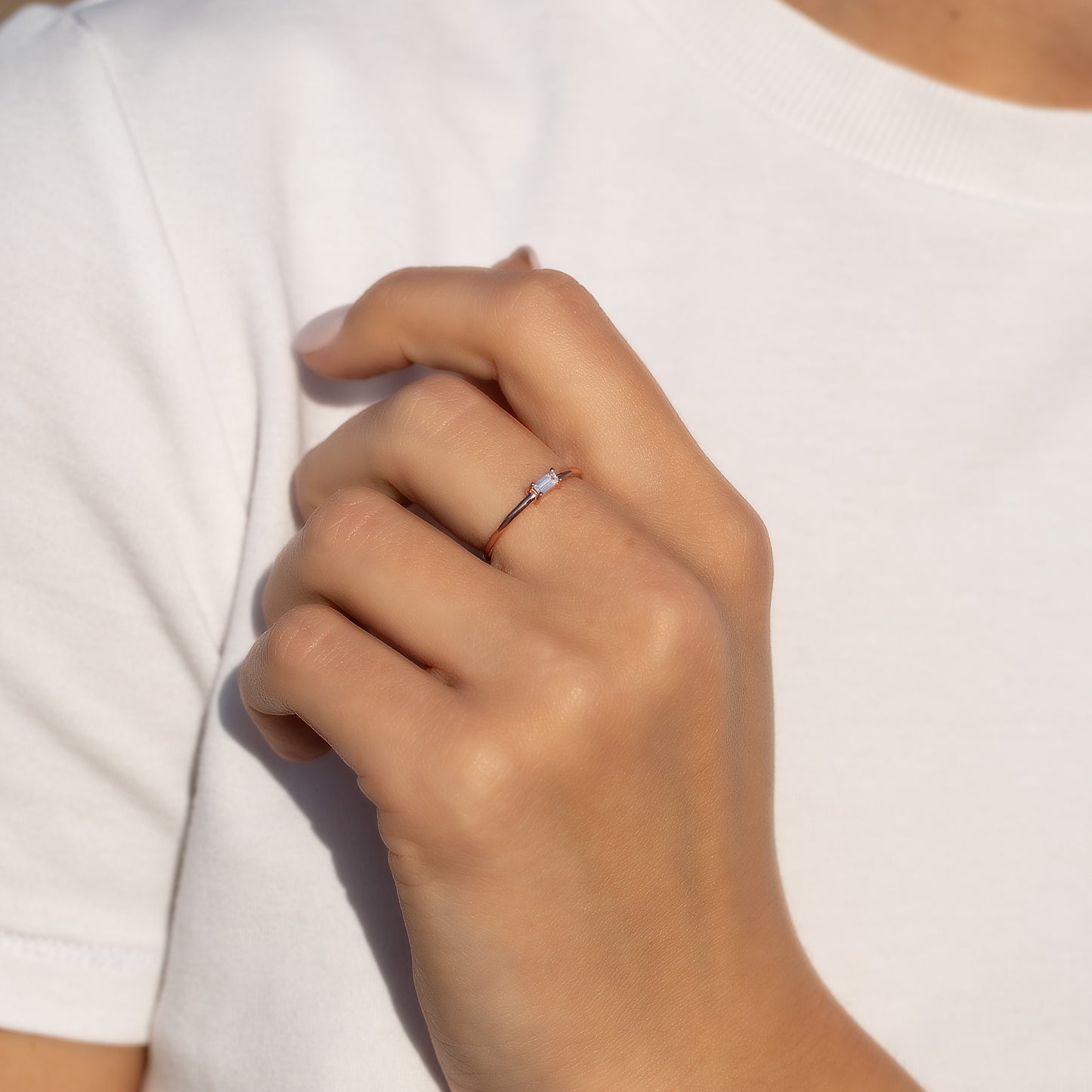 Minimalist 18K Rose Gold Vermeil Silver Baguette CZ Promise Ring for Her
