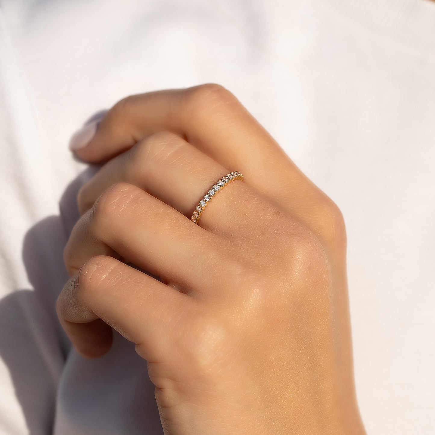 Women Dainty & Elegant 18K Yellow Gold Vermeil Silver Half Eternity Bezel Set CZ Wedding Band