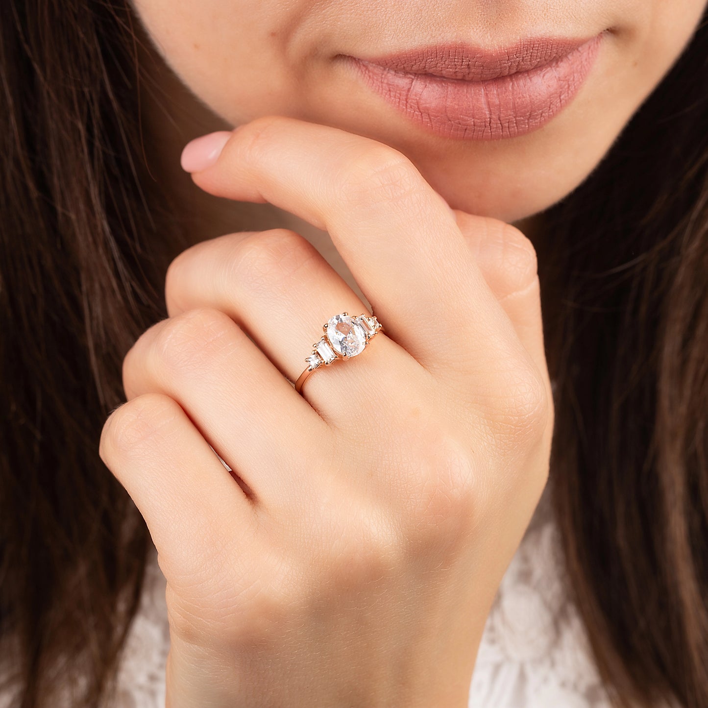 Damen einzigartiger Art-déco-Stil 925er Sterlingsilber Oval- & Baguette-Schliff Zirkonia Verlobungsring