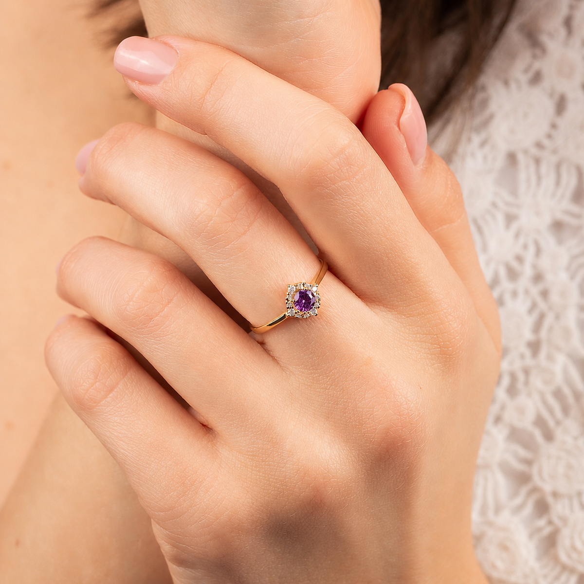 Celeste Yellow Gold Amethyst Halo Ring