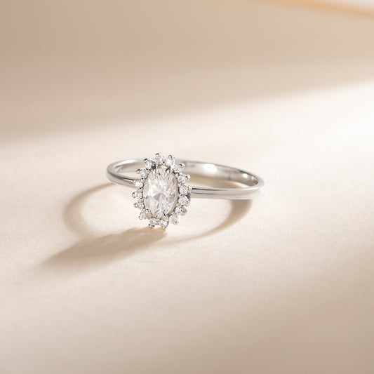 Women Dainty 925 Sterling Silver Oval Cut CZ Halo Engagement Ring