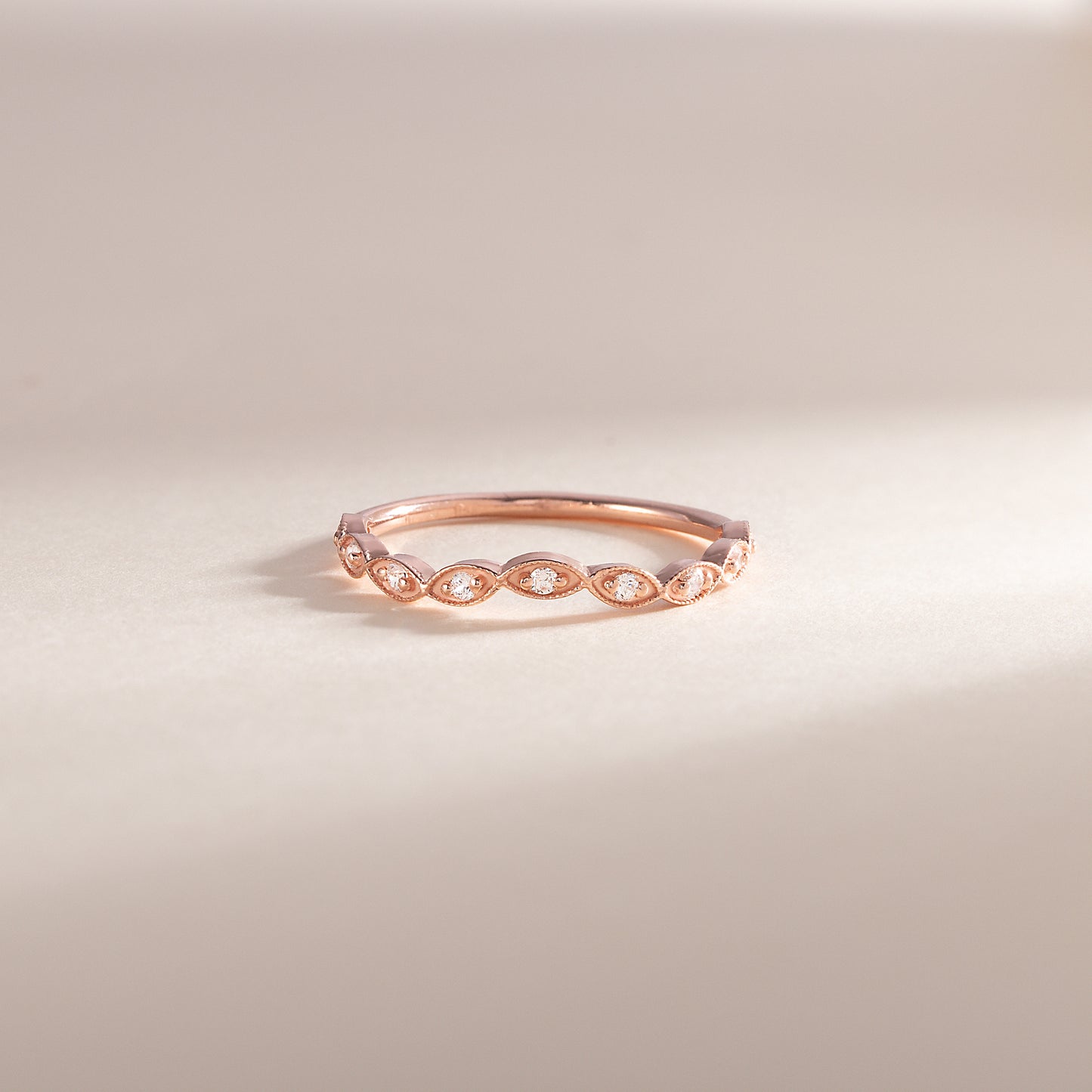 Women Art Deco Style 18K Rose Gold Vermeil Silver Half Eternity CZ Chevron Curved Stackable Wedding Band