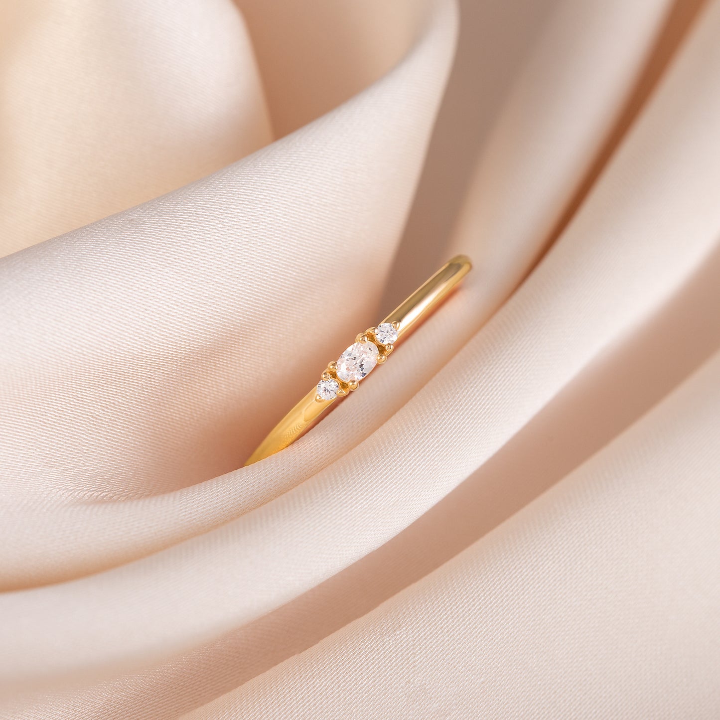 Dainty 18k Yellow Gold Vermeil Silver 3 Stone Oval CZ Promise Ring for Her