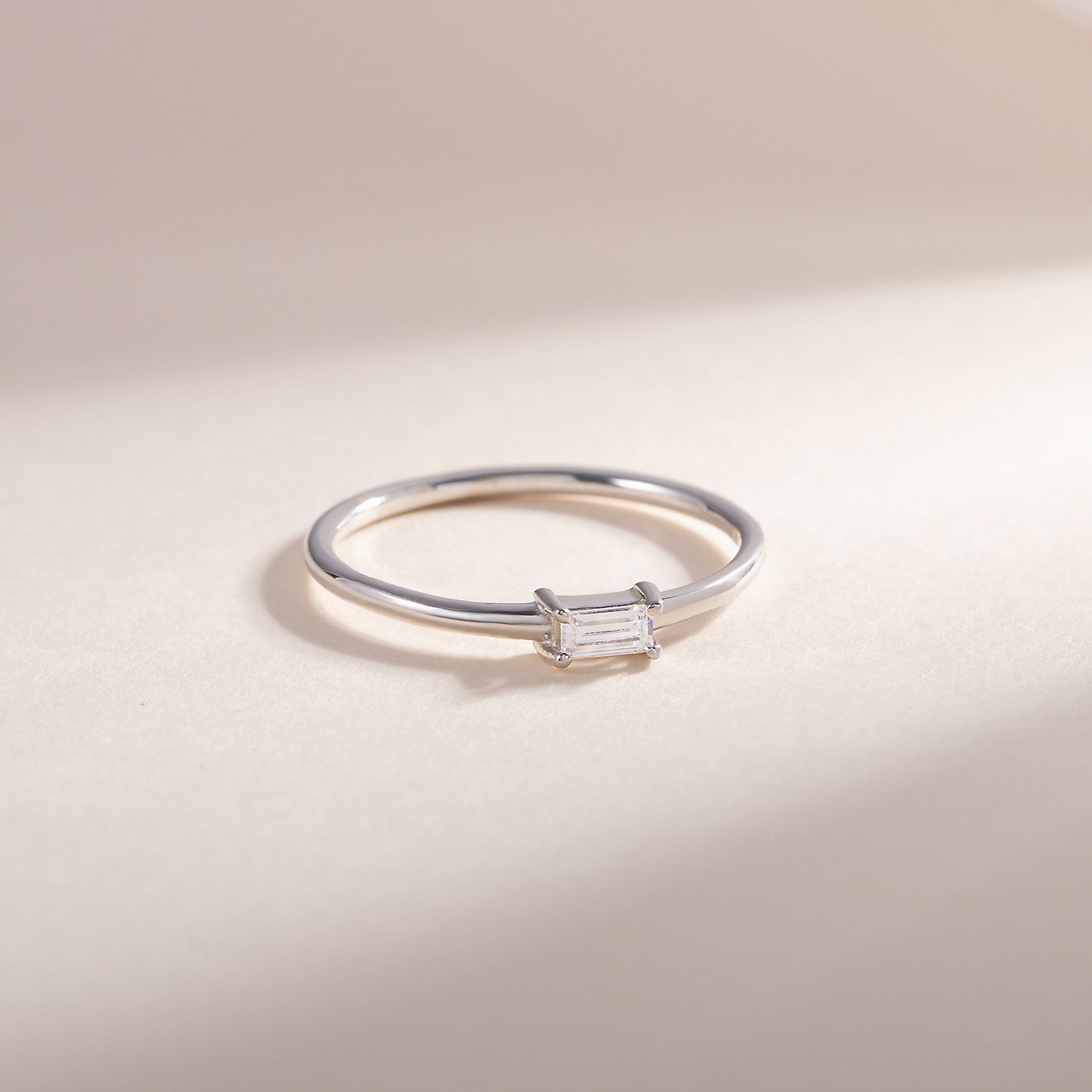 Minimalist Delicate 925 Sterling Silver Baguette CZ Solitaire Promise Ring for Her