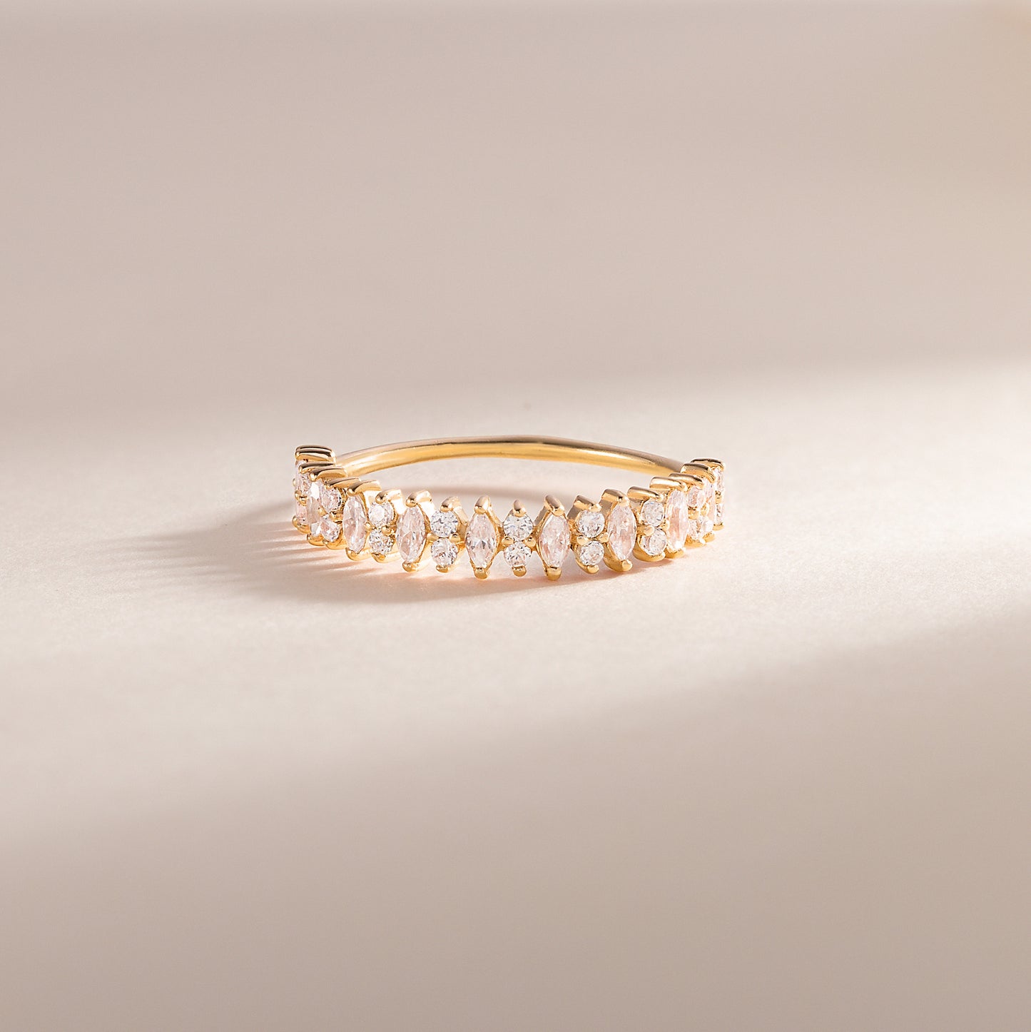 Unique Women 18K Yellow Gold Vermeil Silver Half Eternity Marquise CZ Wedding Band