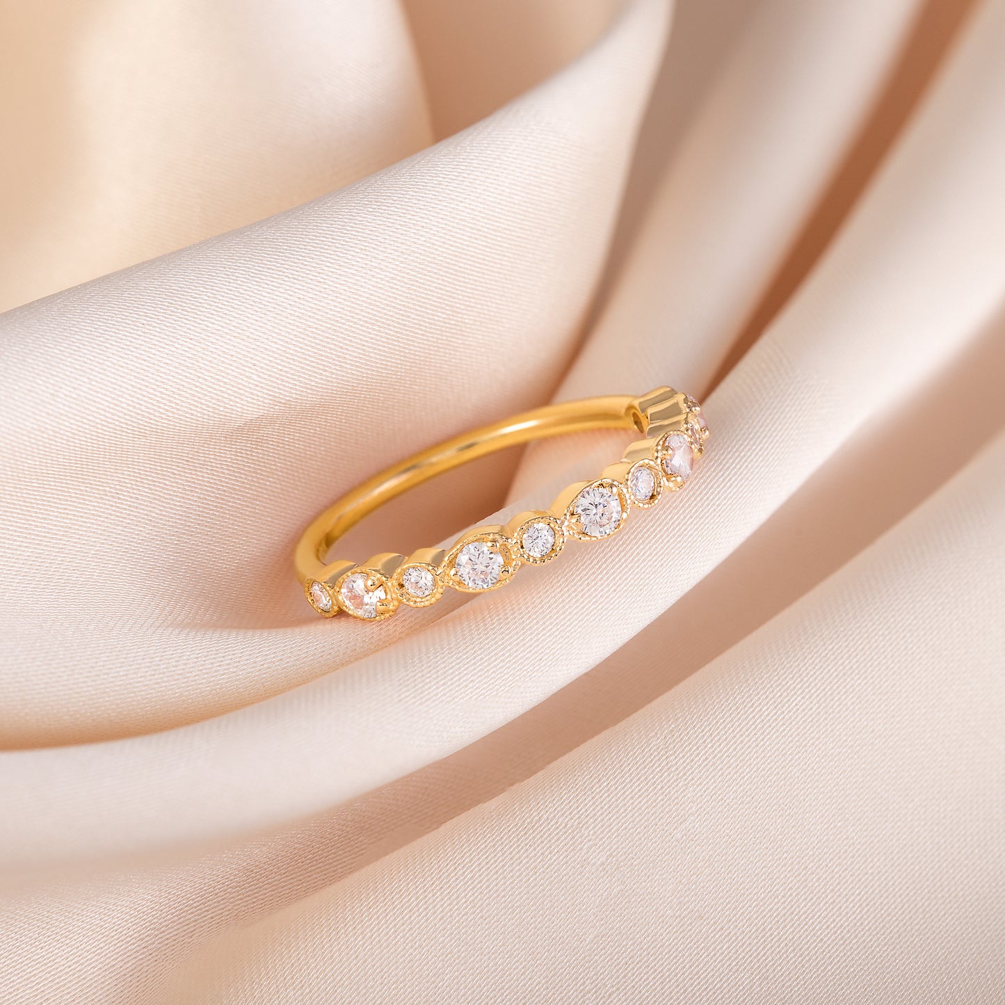 Women Dainty & Elegant 18K Yellow Gold Vermeil Bezel Set CZ Wedding Band
