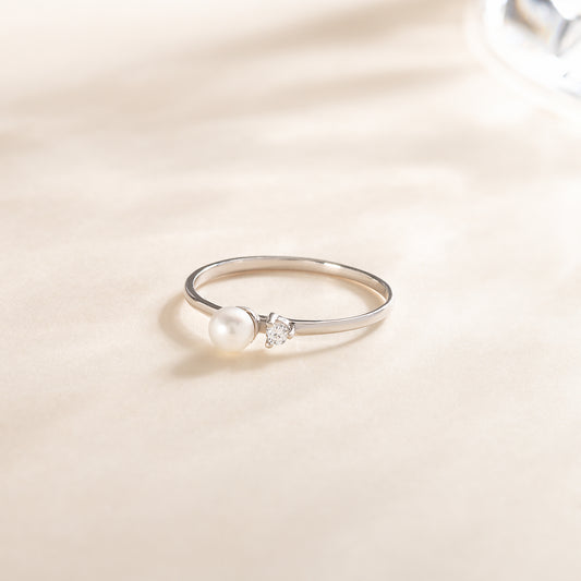 Dainty 925 Sterling Silver White Pearl & CZ Promise Ring for Her