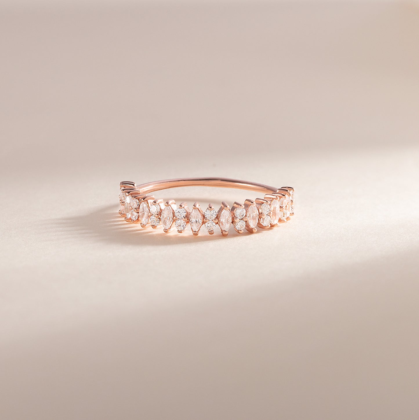 Women Dainty Victorian Style 18k Rose Gold Vermeil Silver Marquise CZ Wedding Band, Unique Stackable Band