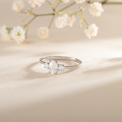 Dainty Minimalist 925 Sterling Silver 3 Stone Setting Oval Cut CZ Promise Ring for Her
