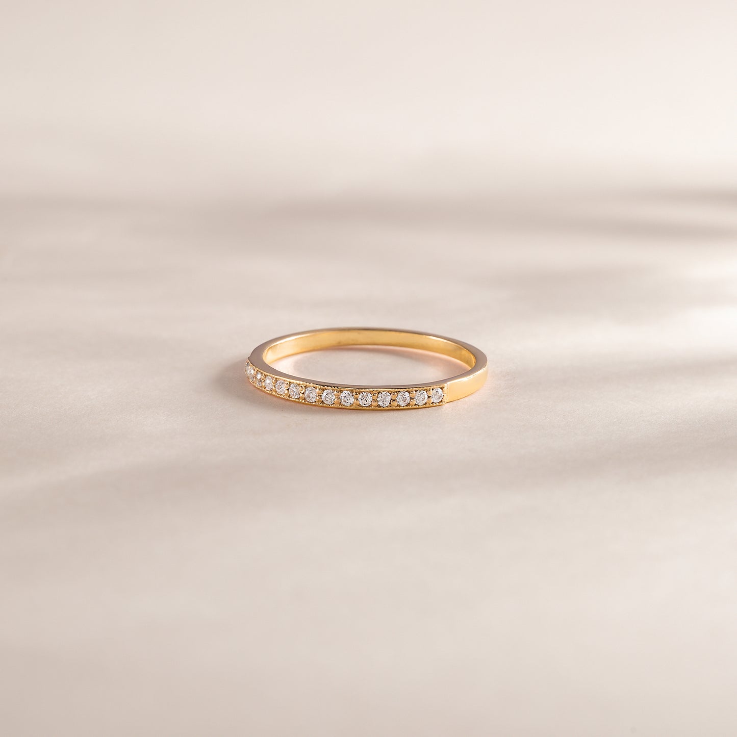 Women Minimalist Half Eternity CZ 18K Yellow Gold Vermeil Silver Wedding Band, Dainty Stacking Ring