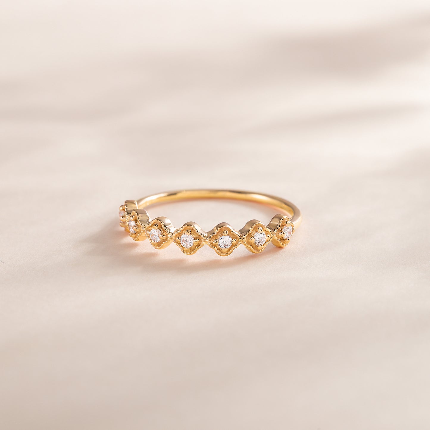 Women Dainty Vintage Style Art Deco 18k Yellow Gold Vermeil CZ Wedding Band