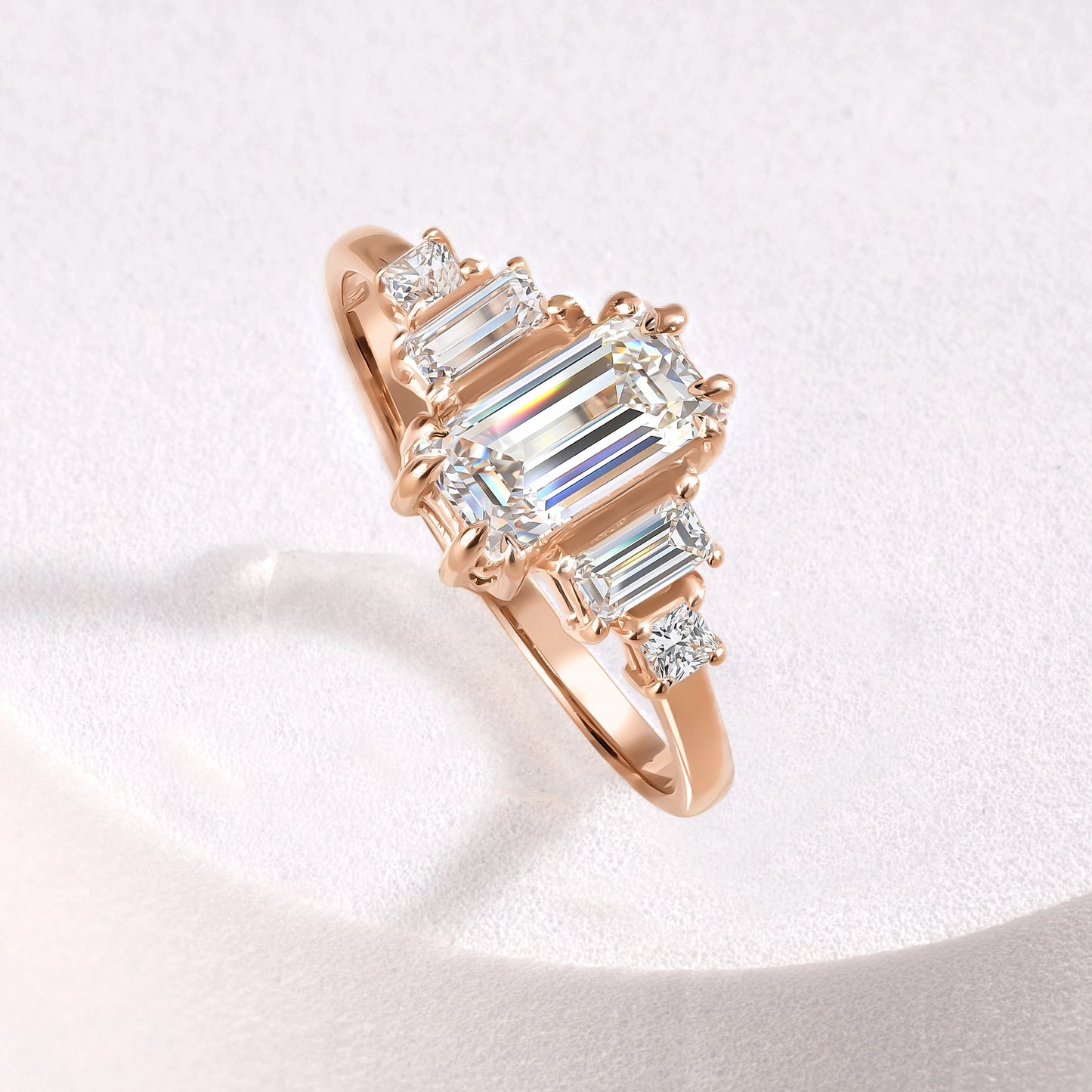 Unique Art Deco Style 18k Rose Gold Vermeil Baguette-Cut Cubic Zirconia Engagement Ring