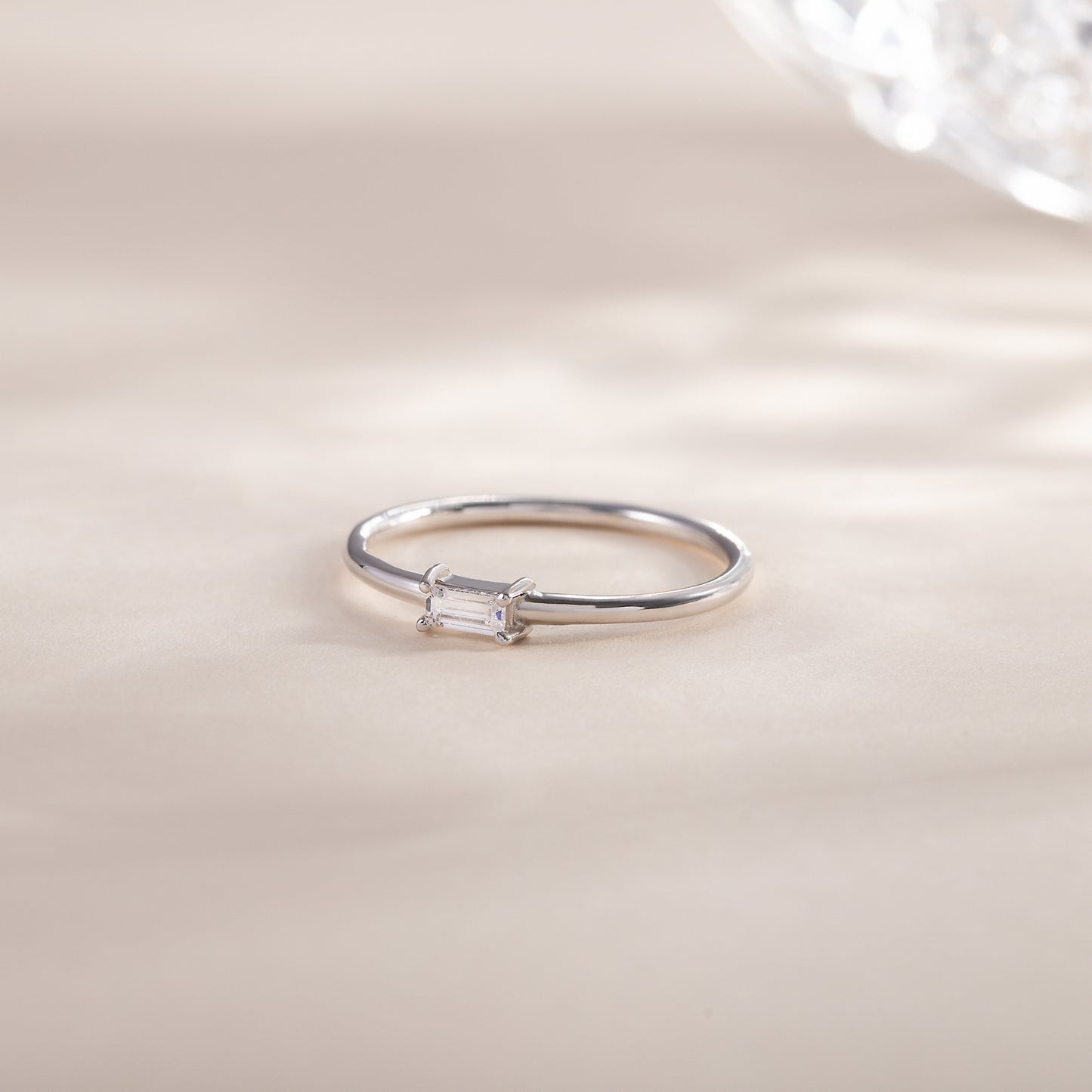 Minimalist Delicate 925 Sterling Silver Baguette CZ Solitaire Promise Ring for Her