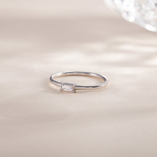 Minimalist Delicate 925 Sterling Silver Baguette CZ Solitaire Promise Ring for Her
