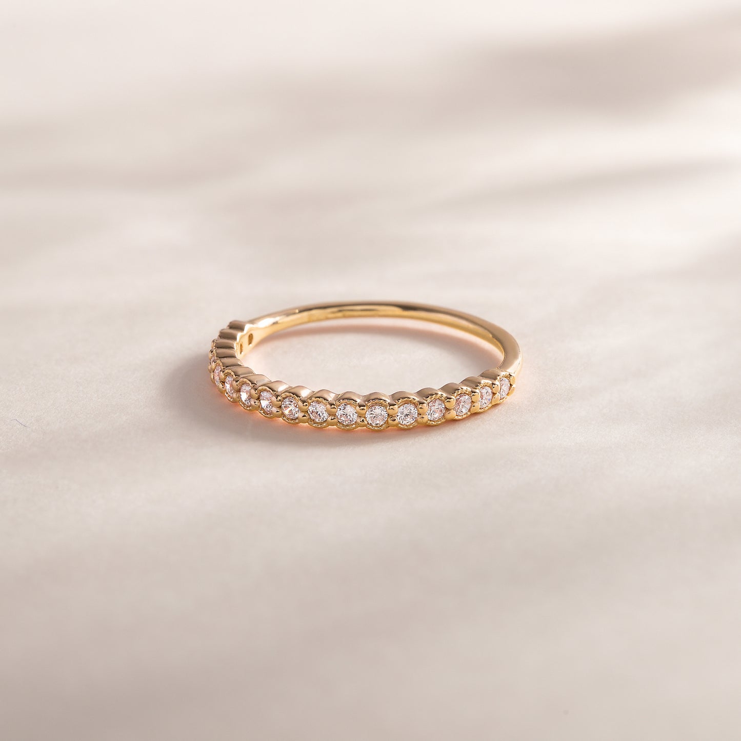 Women Dainty & Elegant 18K Yellow Gold Vermeil Silver Half Eternity Bezel Set CZ Wedding Band