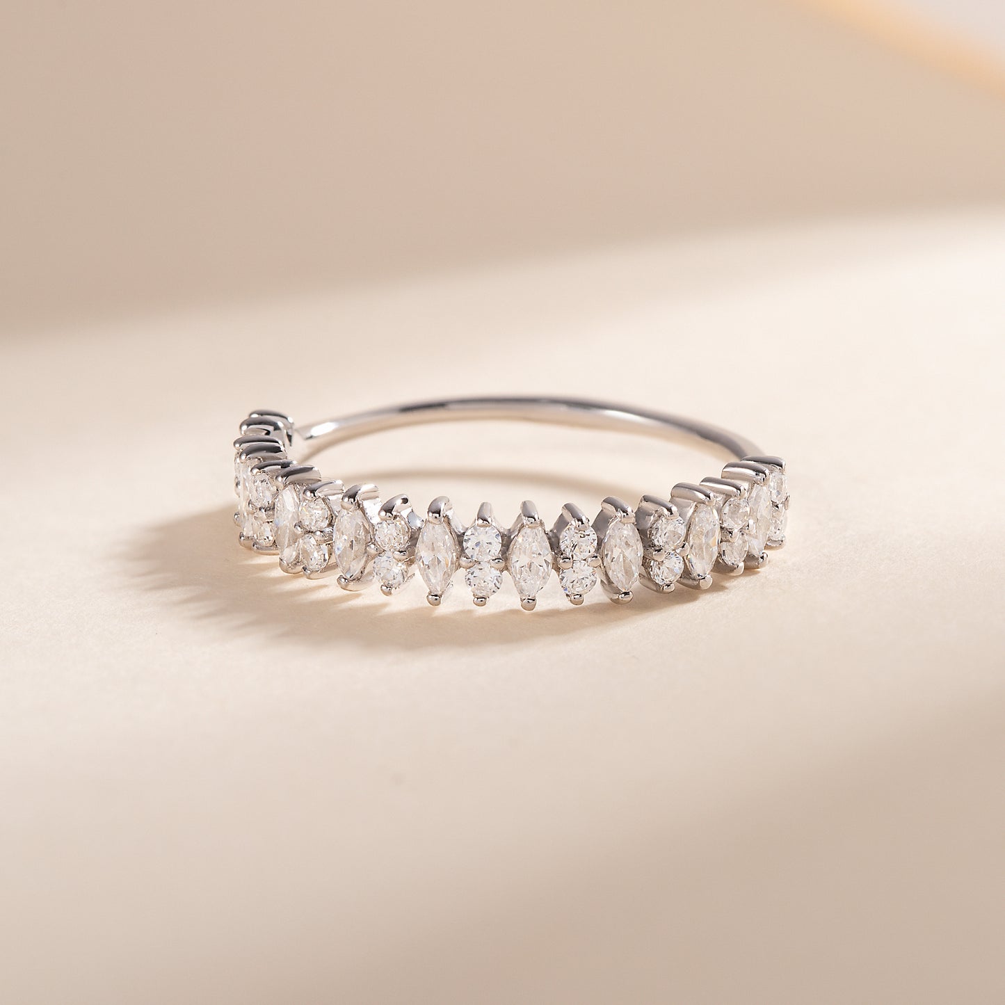 Women Unique 925 Sterling Silver Marquise & Round CZ Wedding Band
