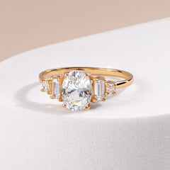 Art Deco Style 18k Yellow Gold Vermeil Oval Baguette Square Engagement Ring with Cubic Zirconia