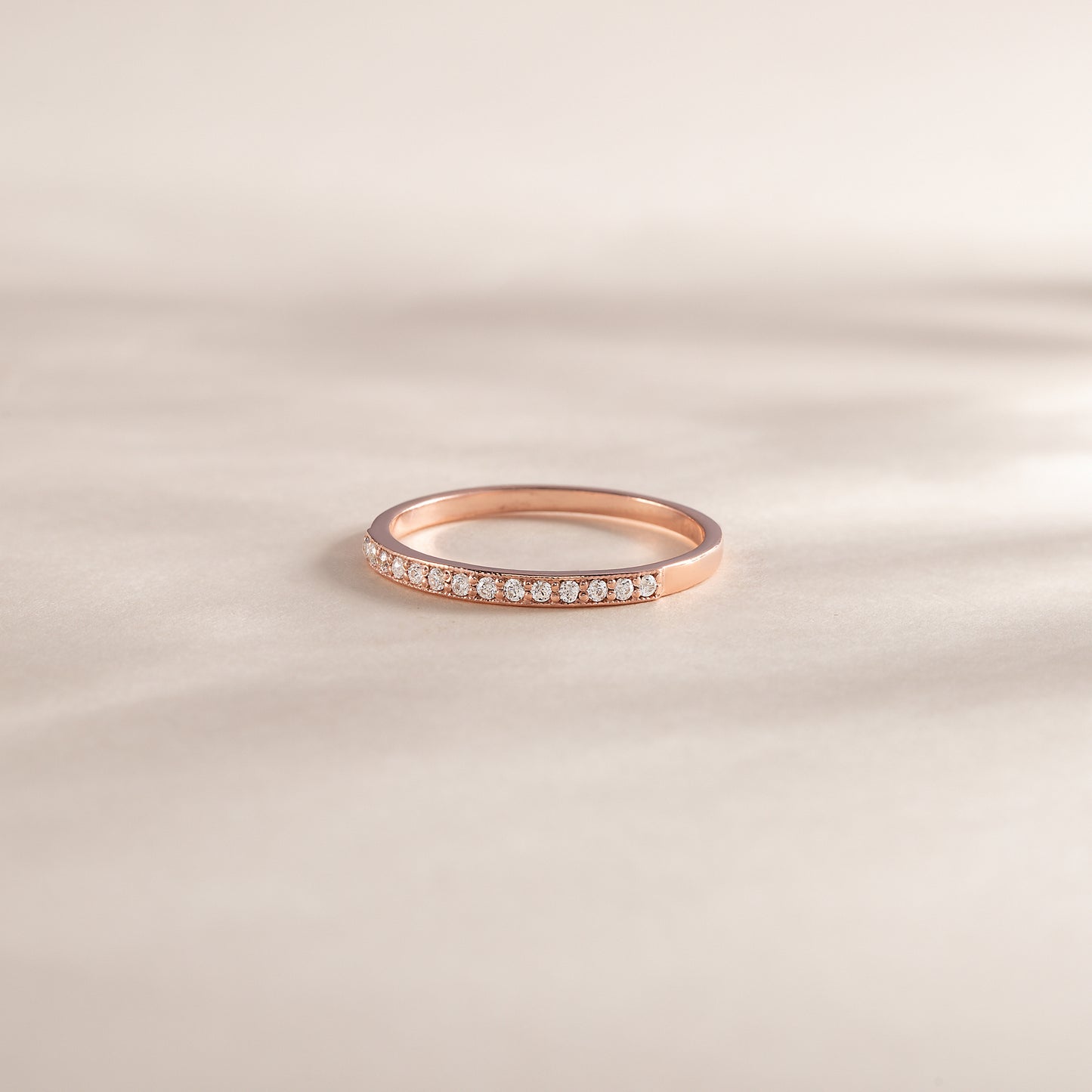 Women Dainty 18K Rose Gold Vermeil Silver Half Eternity Pave CZ Stacking Wedding Band