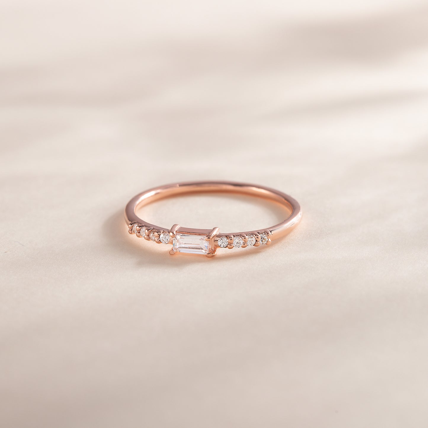 Minimalist Dainty 18K Rose Gold Vermeil Baguette CZ Engagement Ring