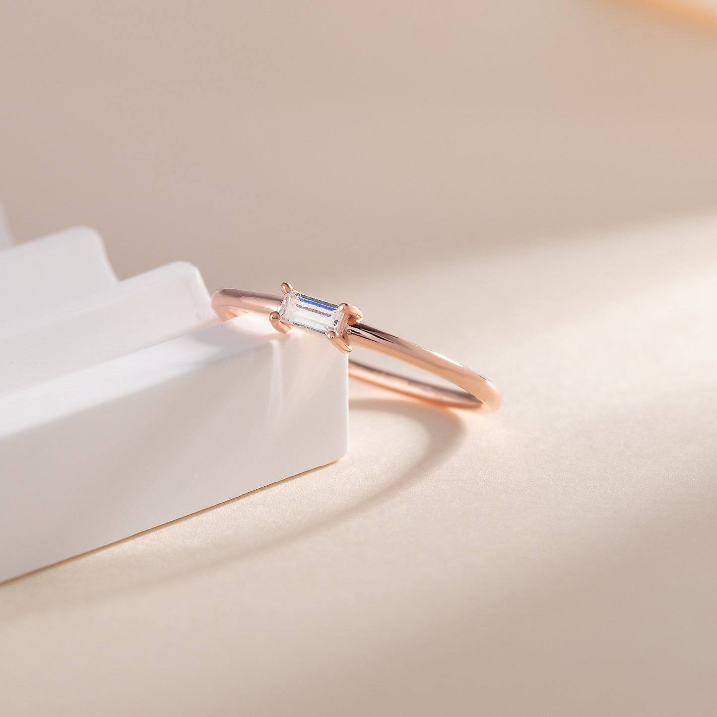 Minimalist 18K Rose Gold Vermeil Silver Baguette CZ Promise Ring for Her