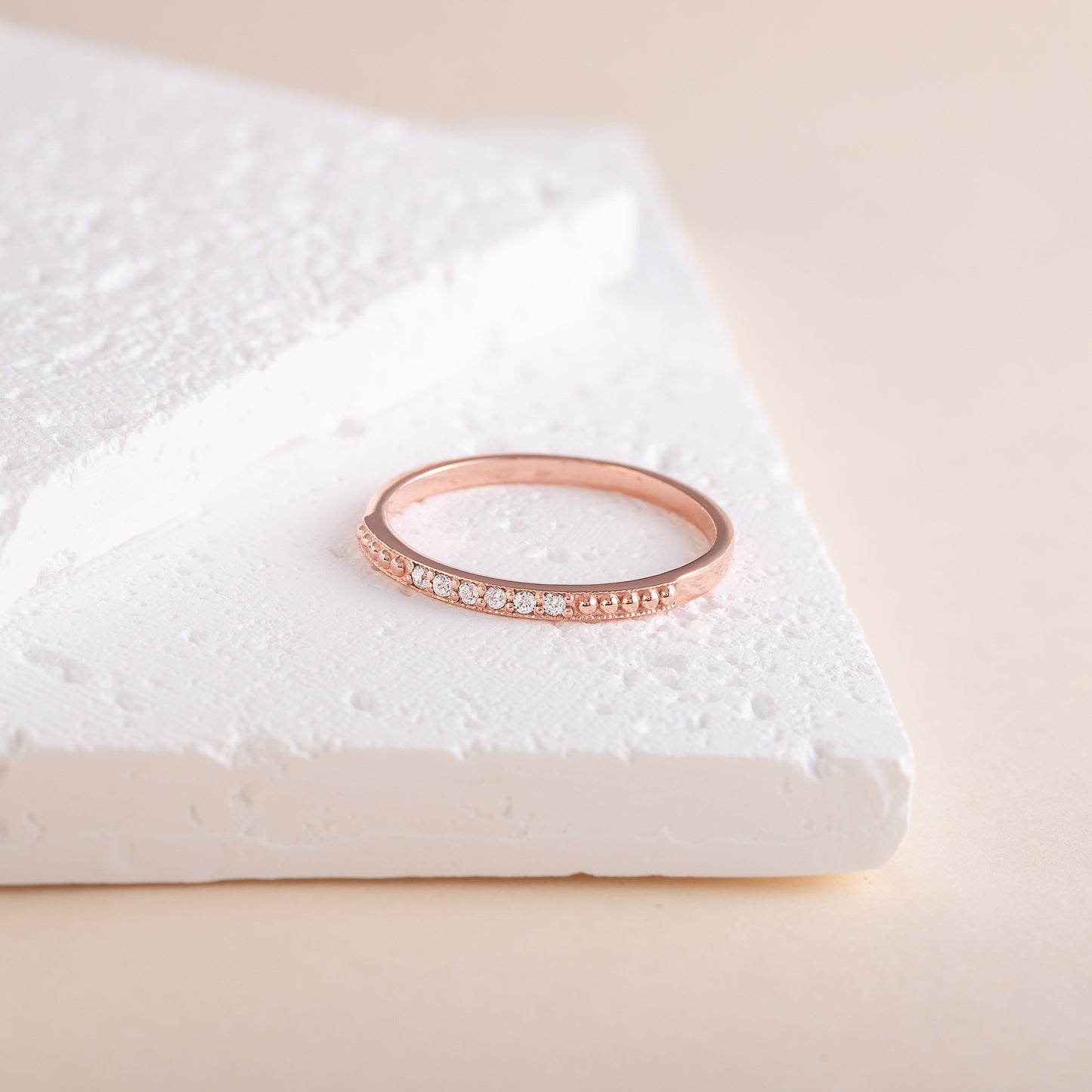 Women Dainty 18K Rose Gold Vermeil Silver Half Eternity Pave CZ Ring