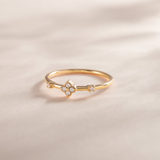 Women Dainty Minimalist 18K Yellow Gold Vermeil Silver CZ Floral Engagement Ring