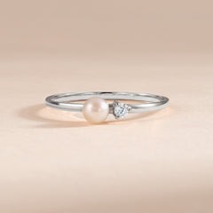Dainty 925 Sterling Silver White Pearl & CZ Promise Ring for Her