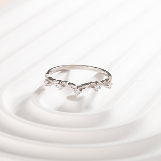 Unique Nature Inspired 925 Sterling Silver Curved Leaf CZ Wedding Band