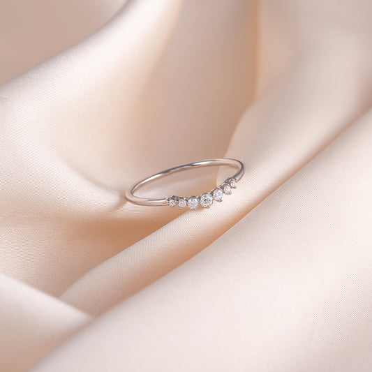 Minimalist Dainty 925 Sterling Silver CZ Chevron Wedding Band, Curved Stackable Ring