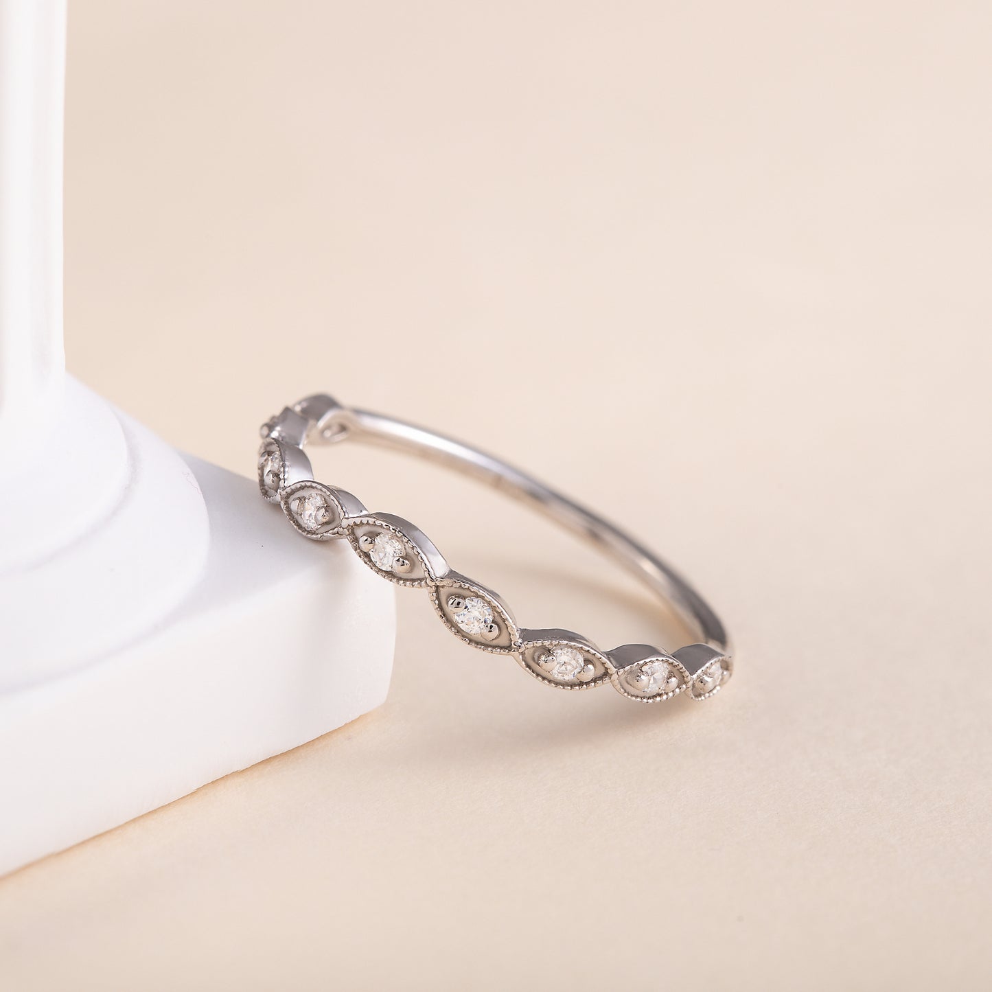 Women Dainty 925 Sterling Silver CZ Curved Stacking Wedding Band