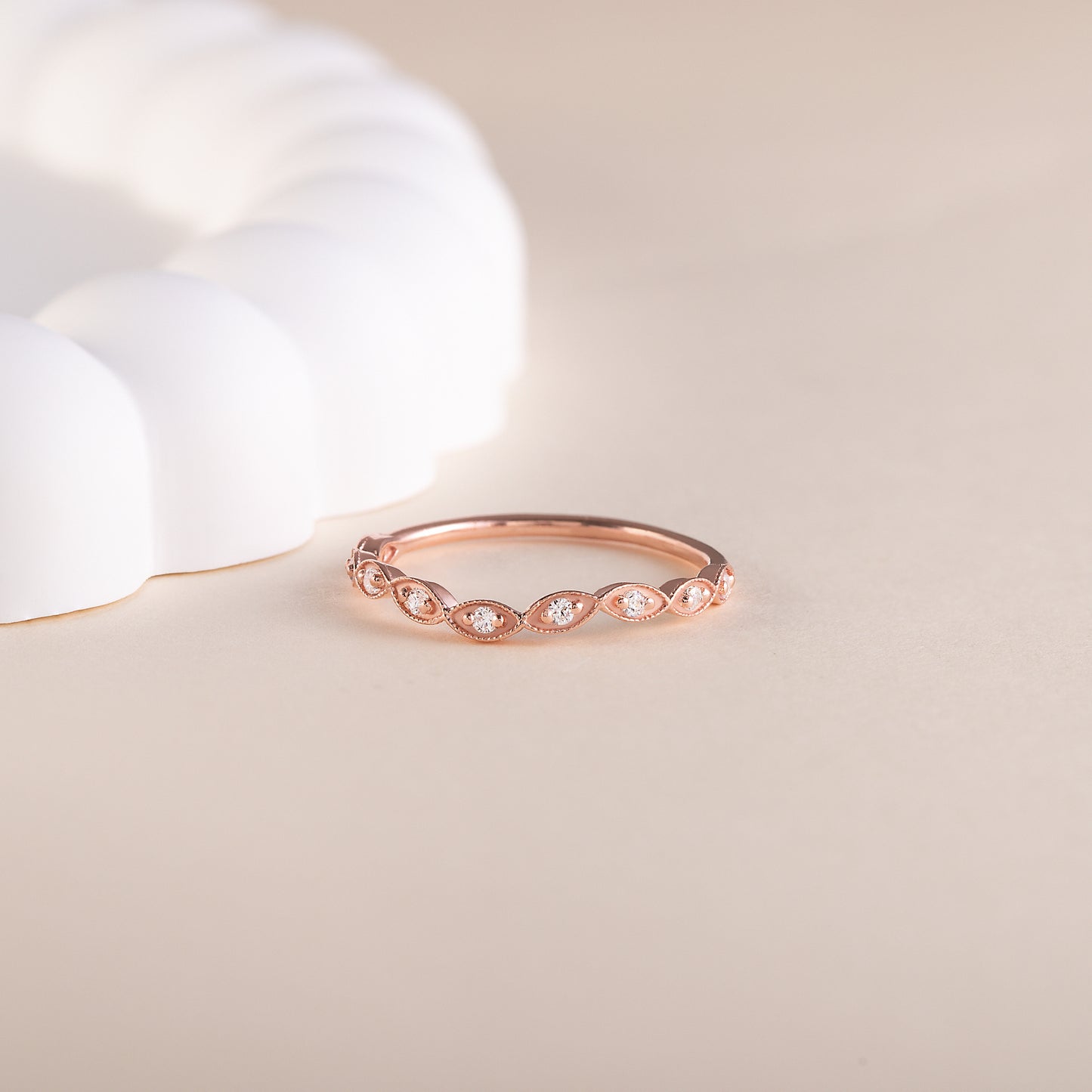 Women Art Deco Style 18K Rose Gold Vermeil Silver Half Eternity CZ Chevron Curved Stackable Wedding Band