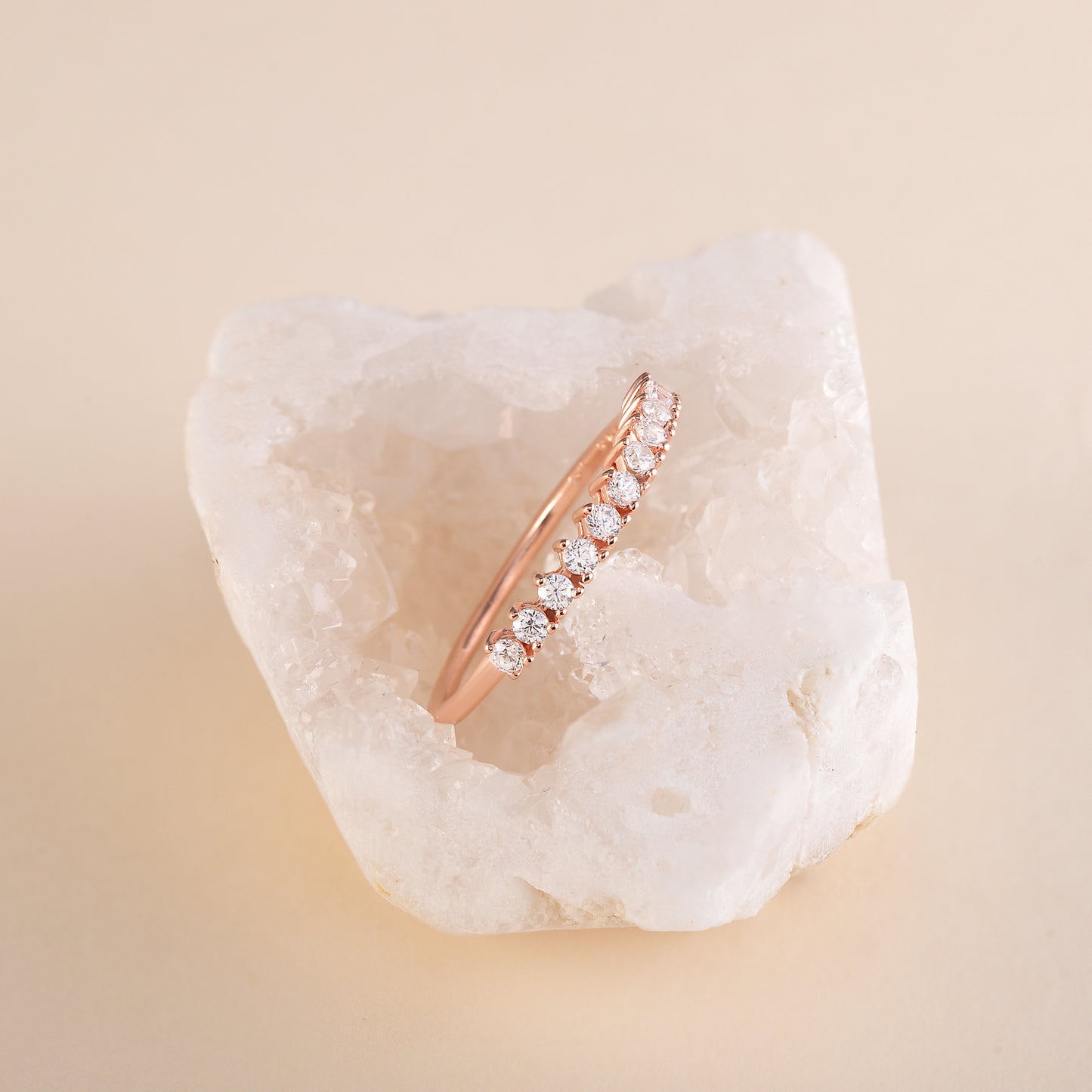 Women Minimalist 18k Rose Gold Vermeil Silver Half Eternity CZ Wedding Band