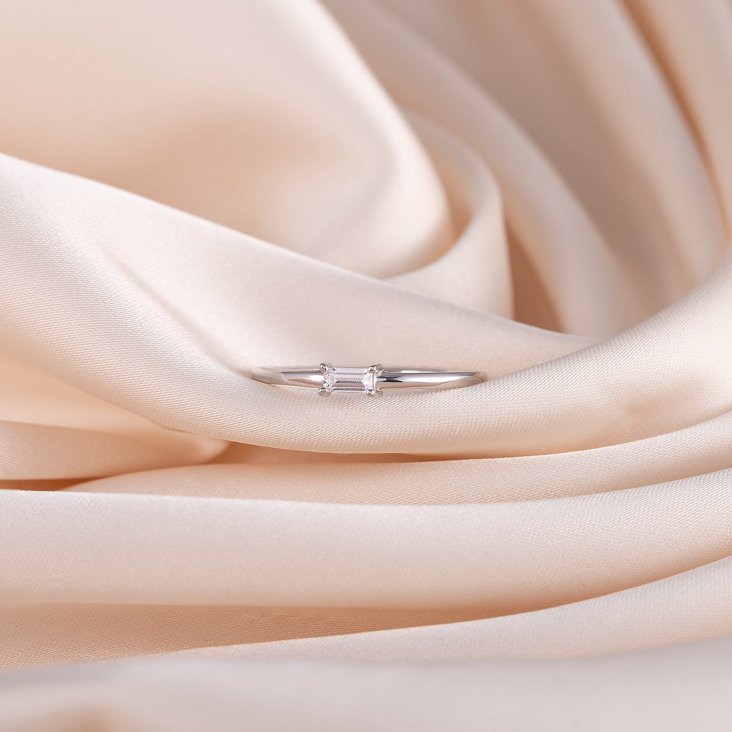 Minimalist Delicate 925 Sterling Silver Baguette CZ Solitaire Promise Ring for Her