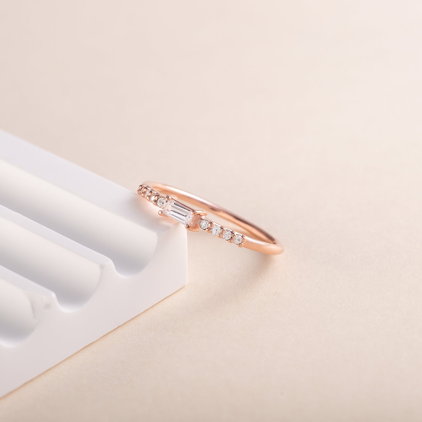 Minimalist Dainty 18K Rose Gold Vermeil Baguette CZ Engagement Ring