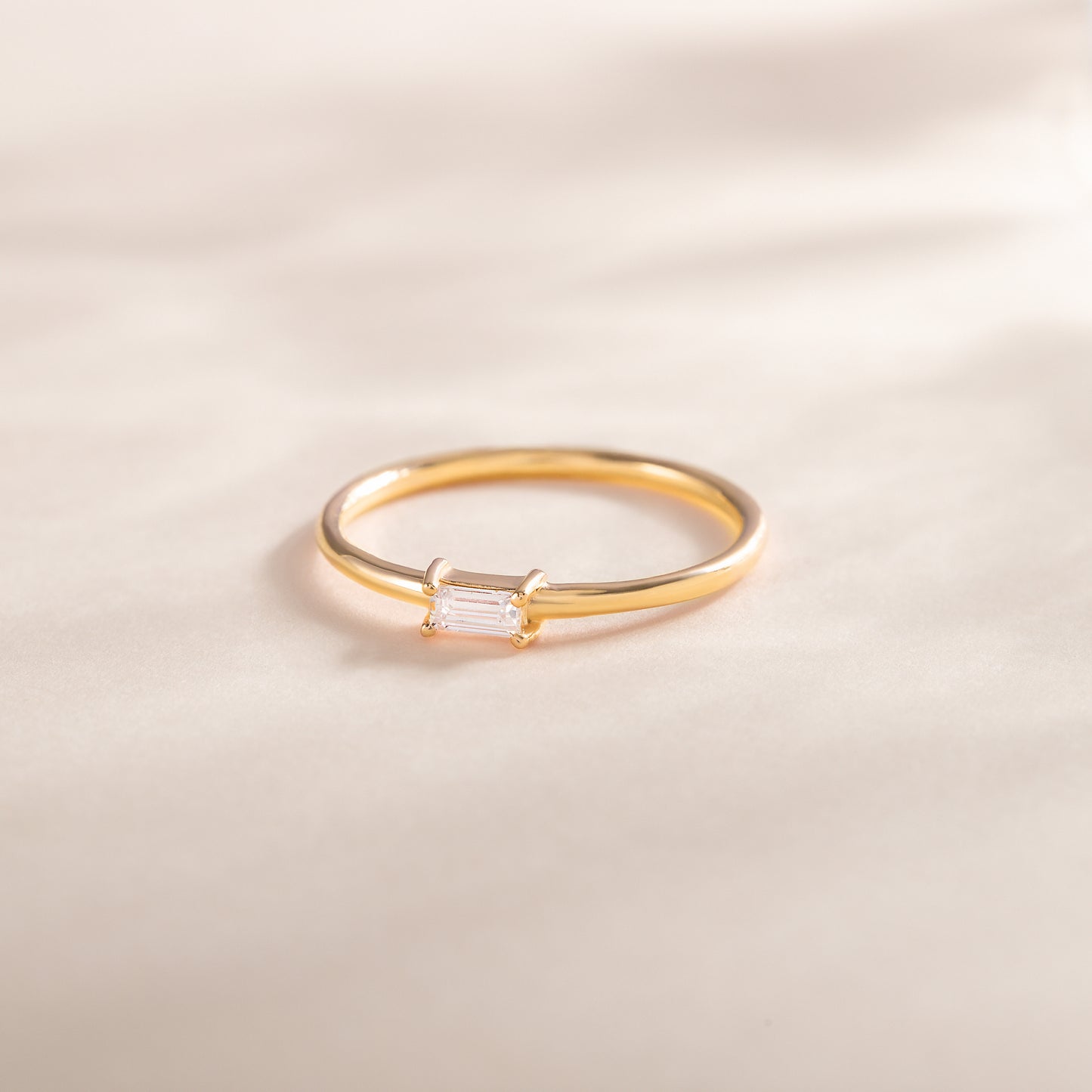 Dainty Minimalist 18k Vermeil Gold Filled Silver Baguette CZ Solitaire Promise Ring for Her