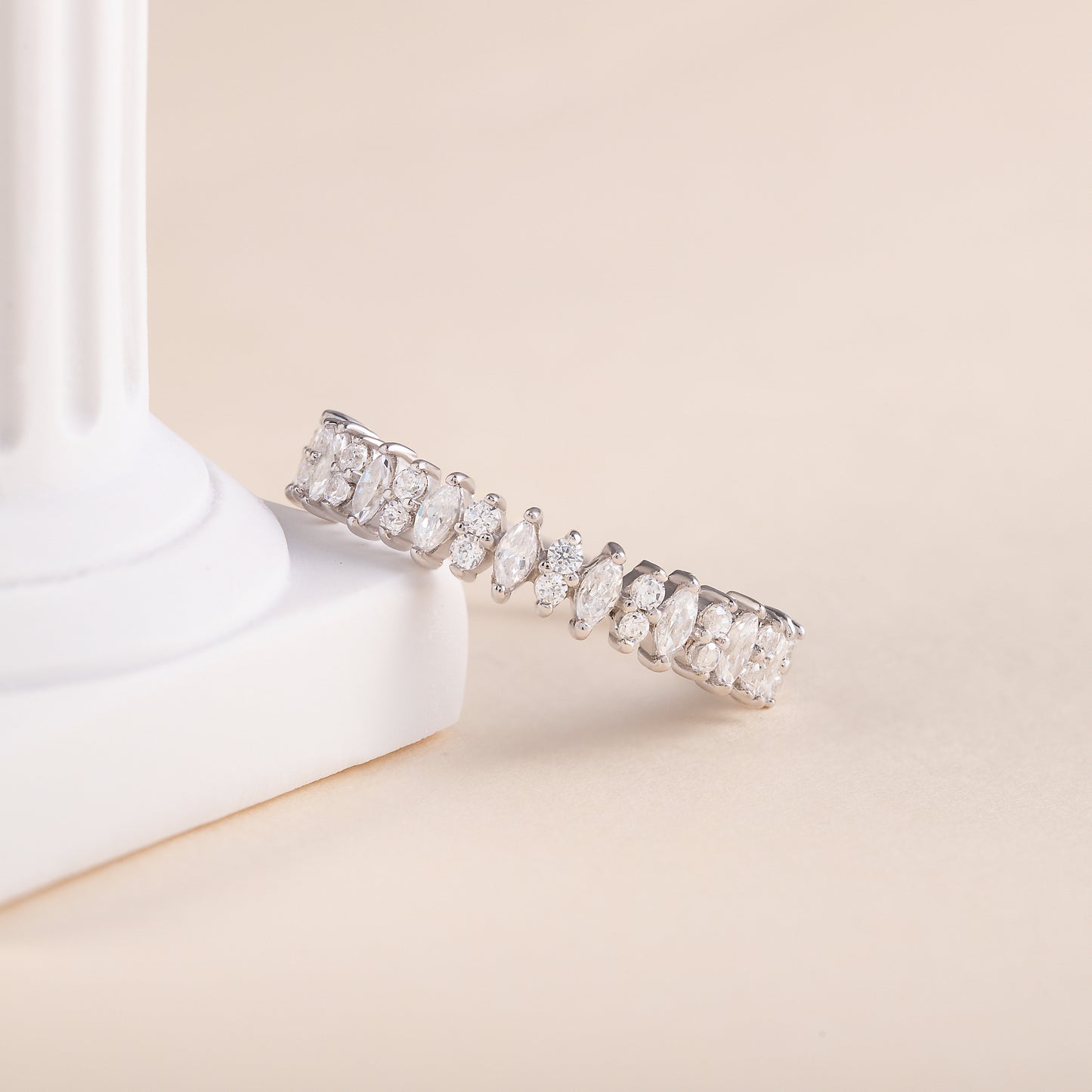 Women Unique 925 Sterling Silver Marquise & Round CZ Wedding Band