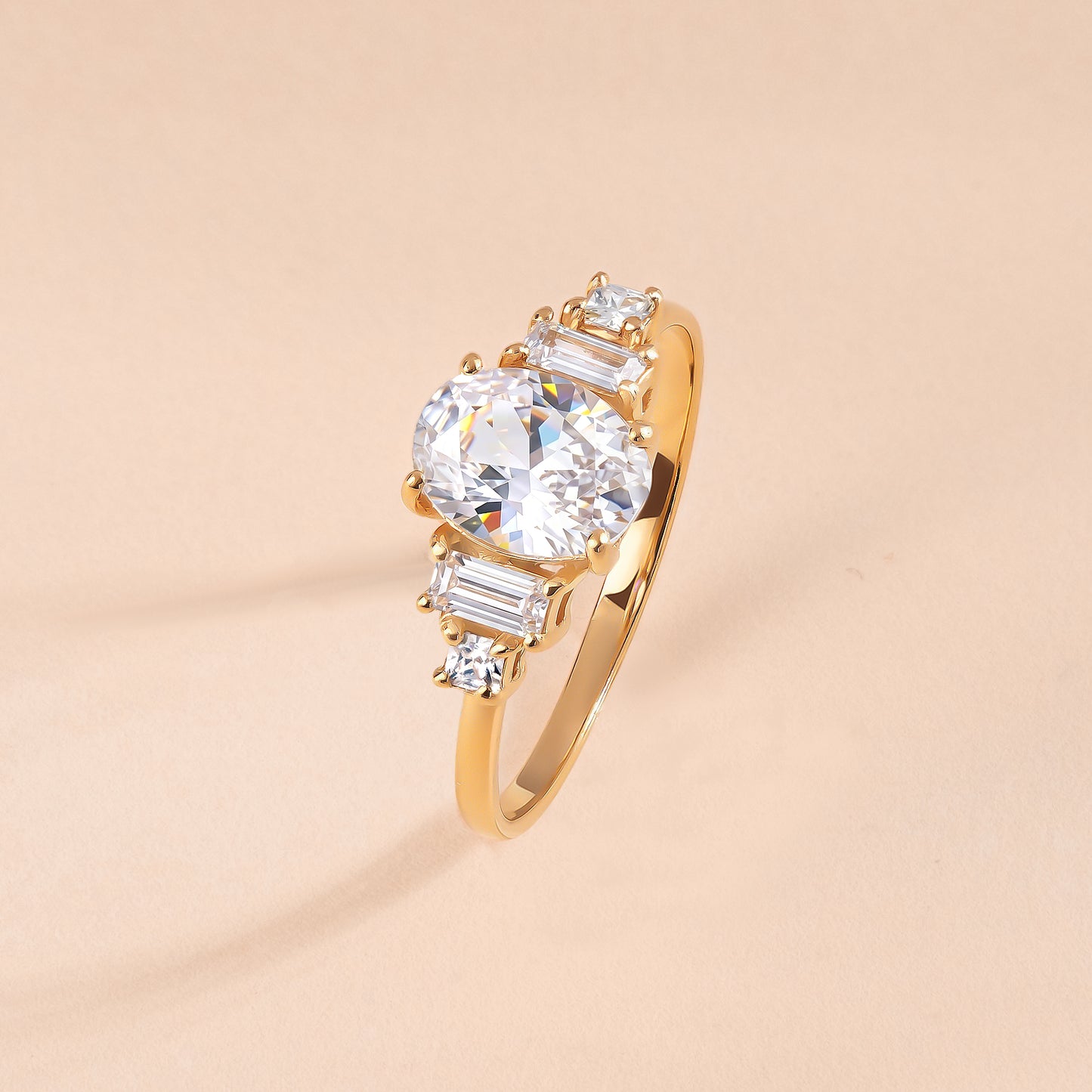 Art Deco Style 18k Yellow Gold Vermeil Oval Baguette Square Engagement Ring with Cubic Zirconia