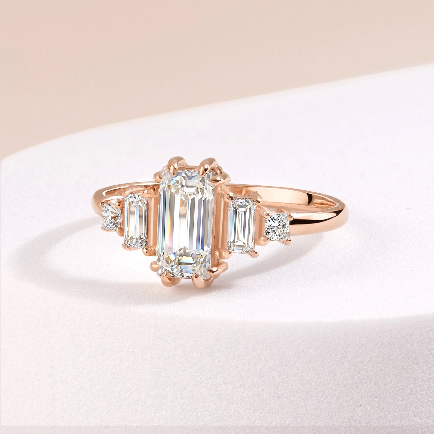 Unique Art Deco Style 18k Rose Gold Vermeil Baguette-Cut Cubic Zirconia Engagement Ring