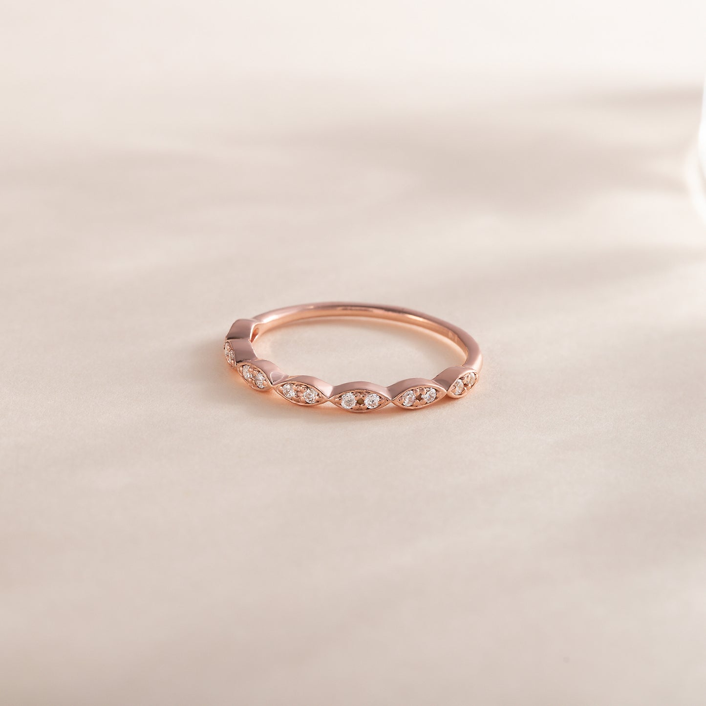 Minimalist 18k Rose Gold Vermeil Half Eternity CZ Wedding Band or Stacking Ring