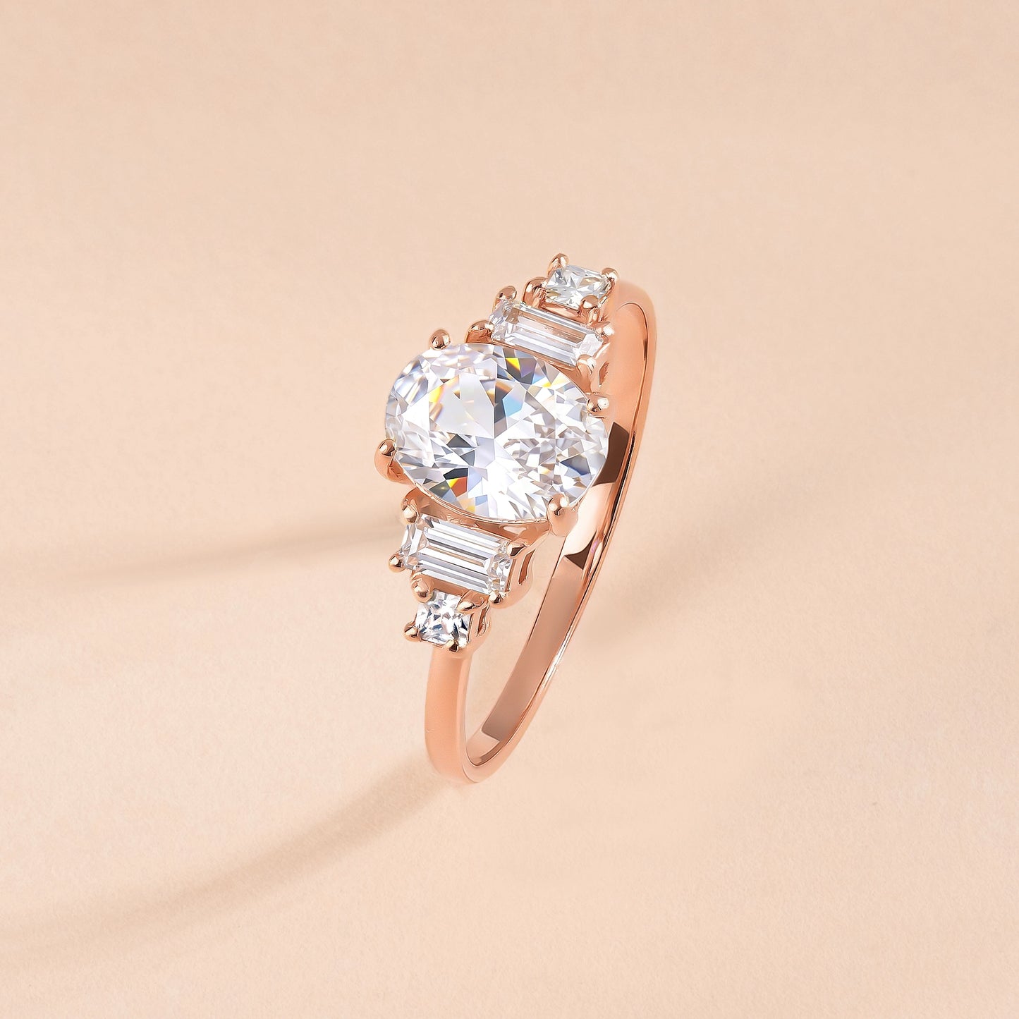 Art Deco Style 18k Rose Gold Vermeil Oval Engagement Ring with Cubic Zirconia