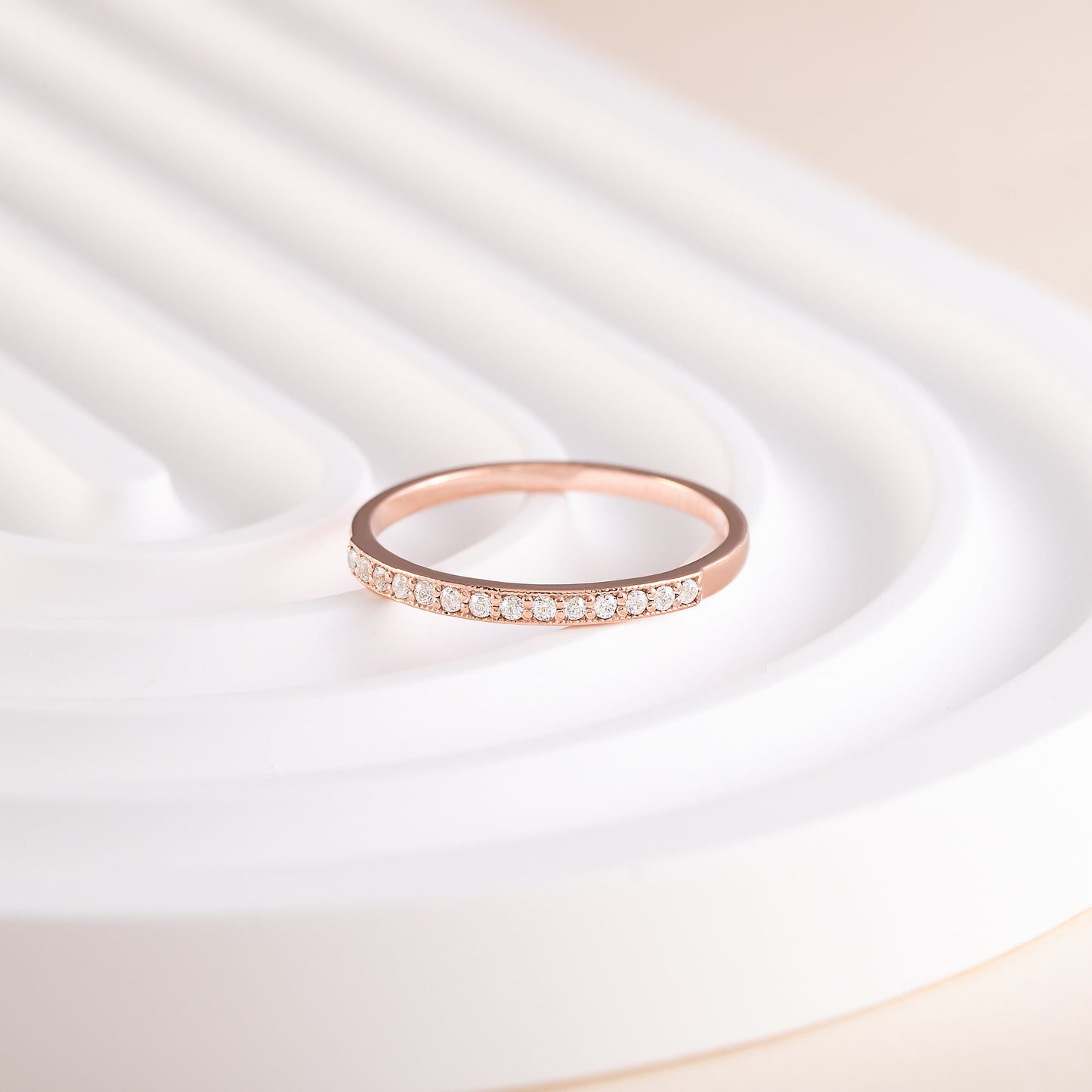 Women Dainty 18K Rose Gold Vermeil Silver Half Eternity Pave CZ Stacking Wedding Band