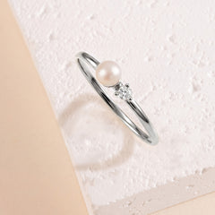 Dainty 925 Sterling Silver White Pearl & CZ Promise Ring for Her