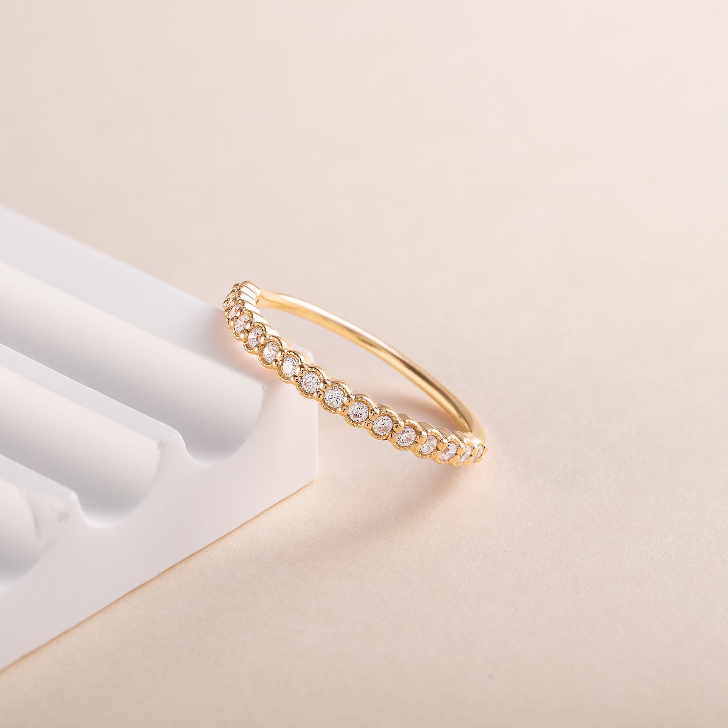 Women Dainty & Elegant 18K Yellow Gold Vermeil Silver Half Eternity Bezel Set CZ Wedding Band