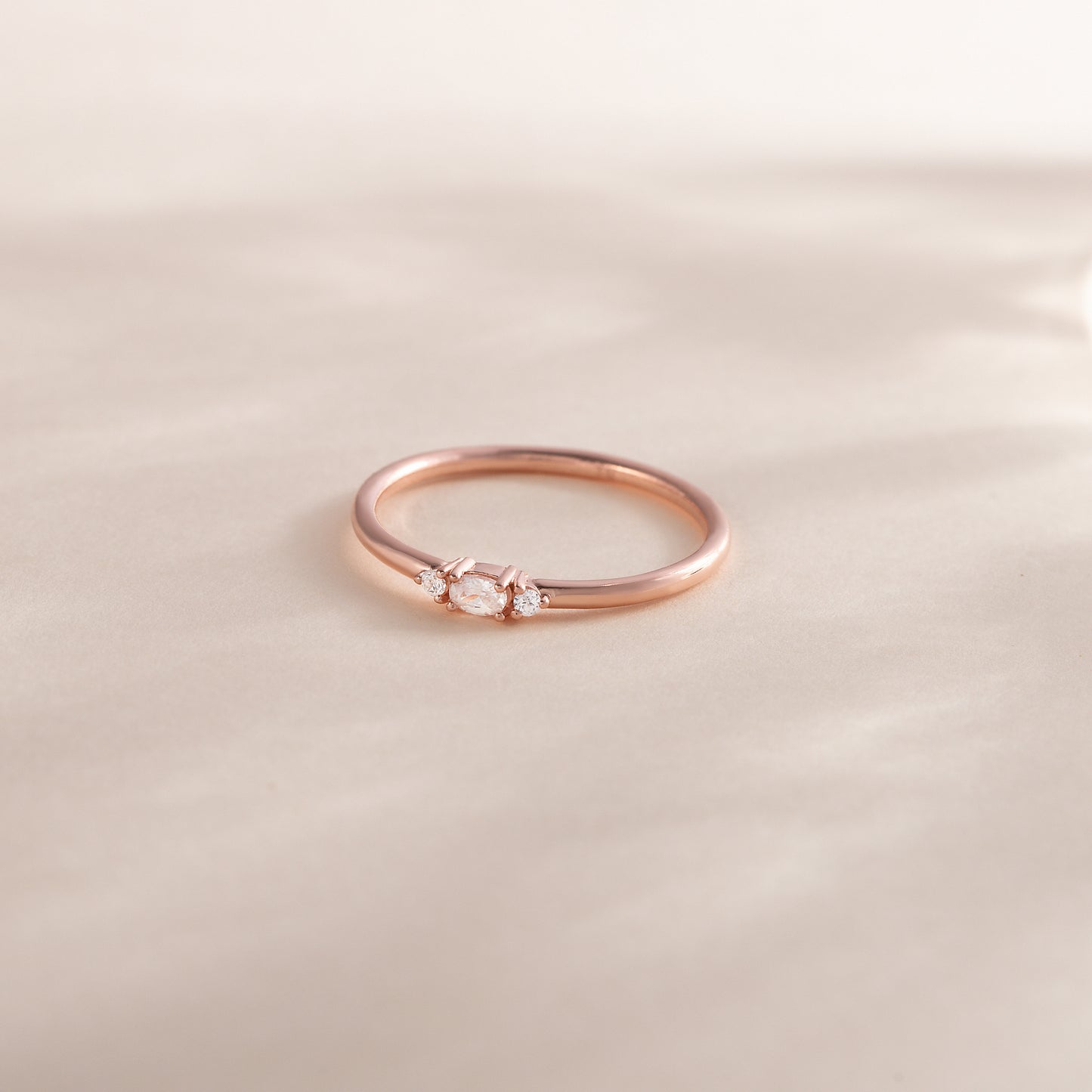 Women Minimalist Dainty 18K Rose Gold Vermeil Silver Oval CZ Promise Ring