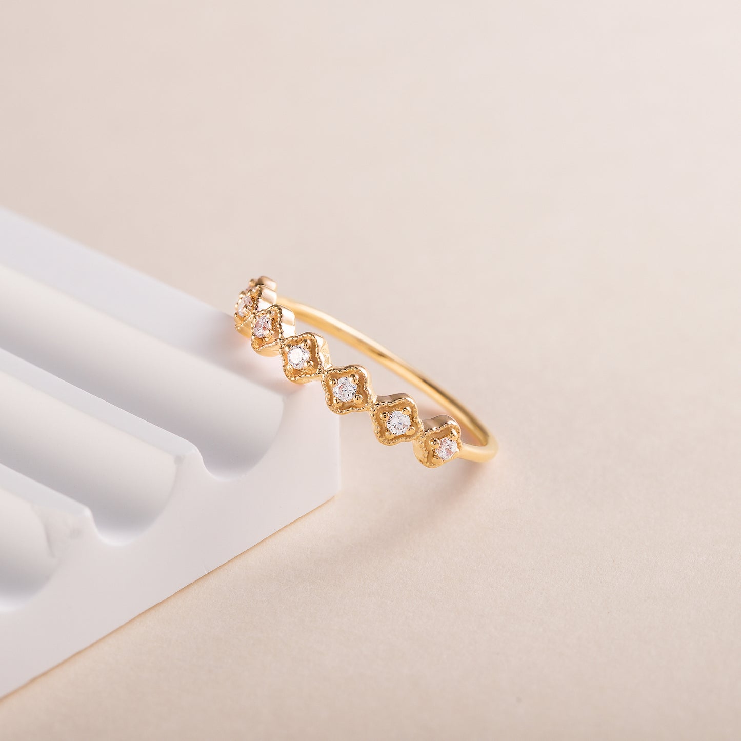 Women Dainty Vintage Style Art Deco 18k Yellow Gold Vermeil CZ Wedding Band