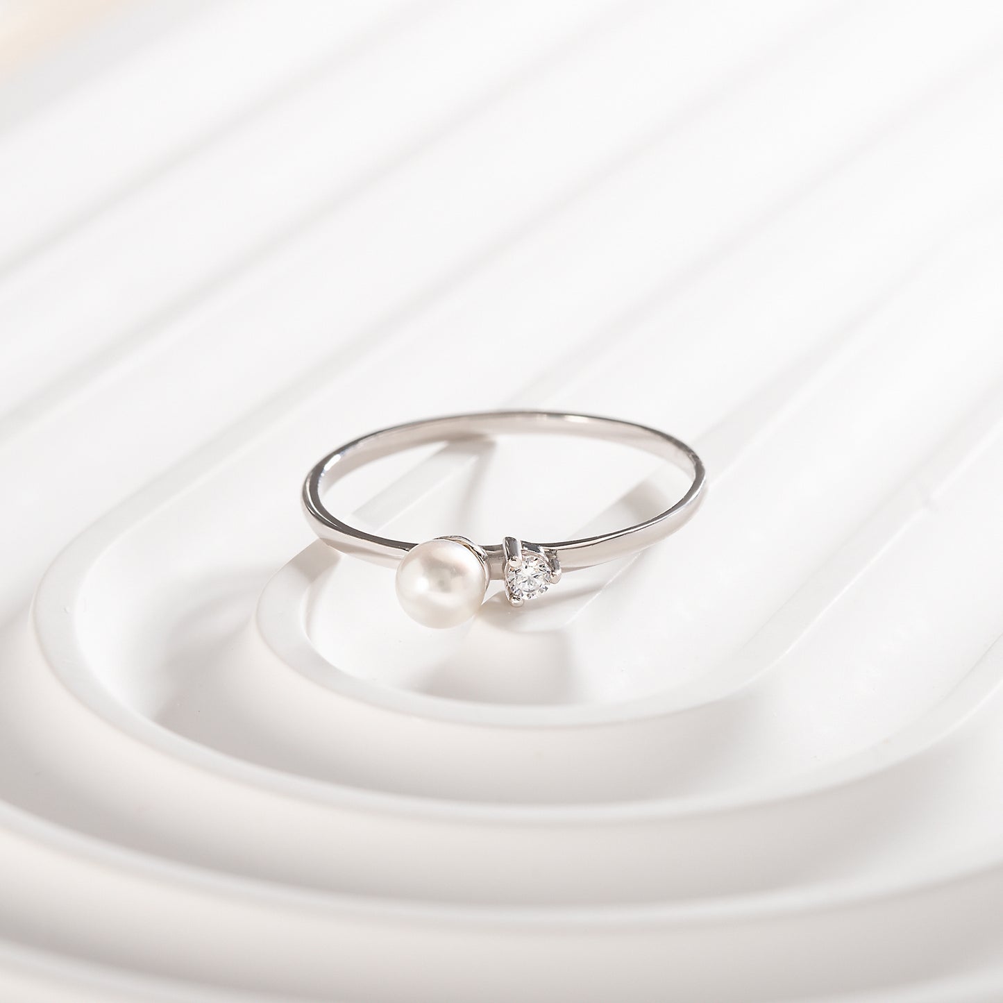 Dainty 925 Sterling Silver White Pearl & CZ Promise Ring for Her